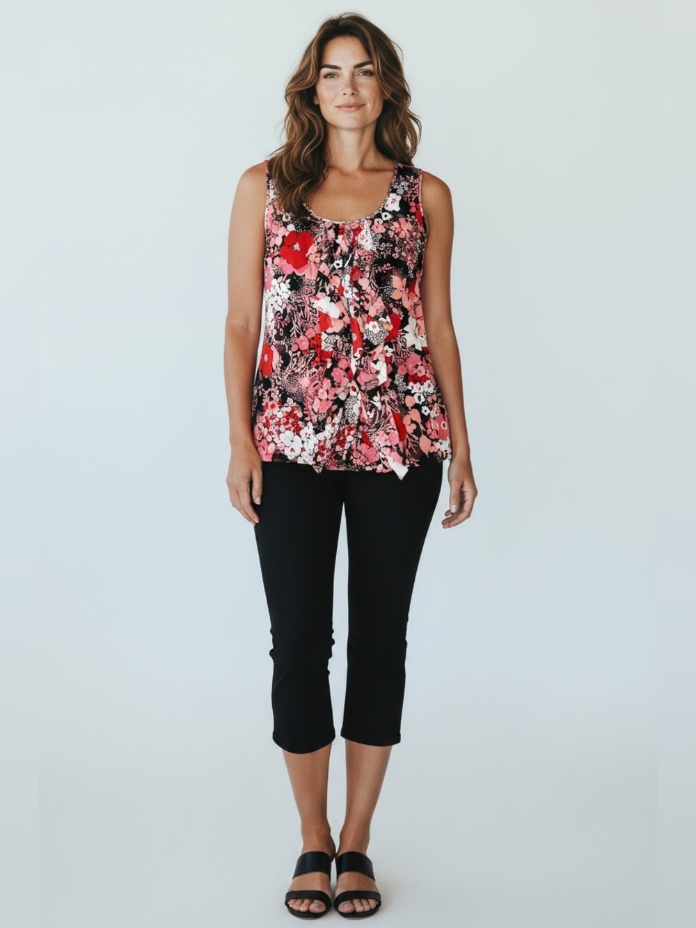 Style & Co. Blouse Womens L Multicolor Floral Ruffle Scoop Neck Sleeveless